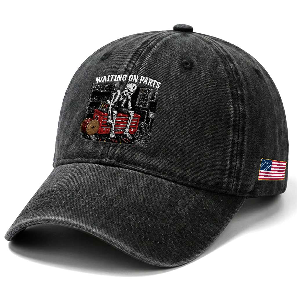Electrician Skeleton Washed Cotton Baseball Cap Waiting On Parts Funny Graphic