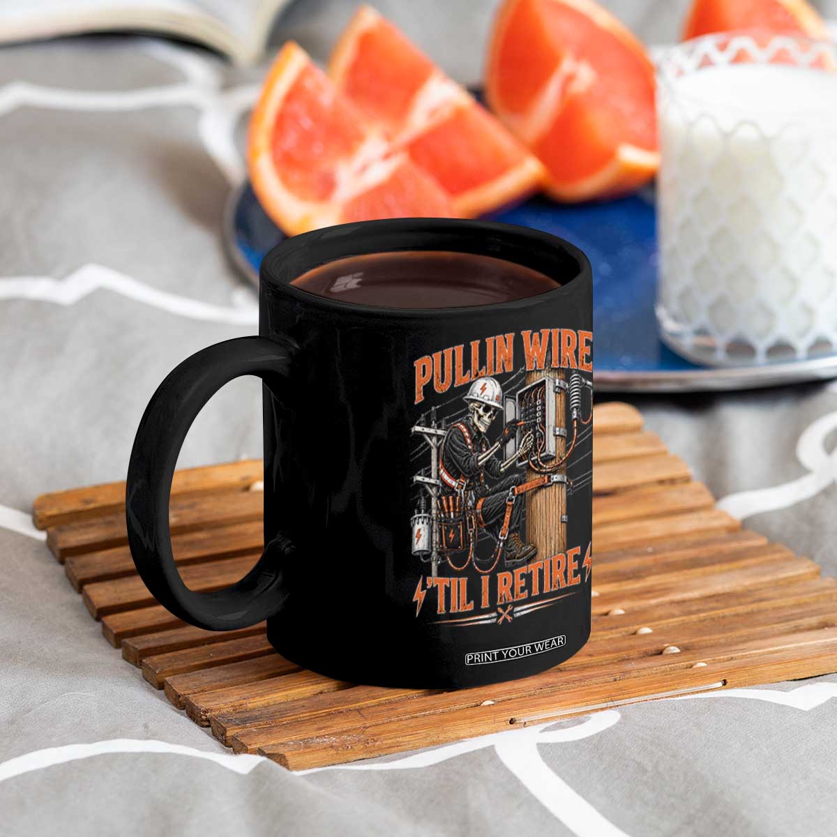 Electrician Lineman Skeleton Graphic Coffee Mug Pullin Wire Til I Retire