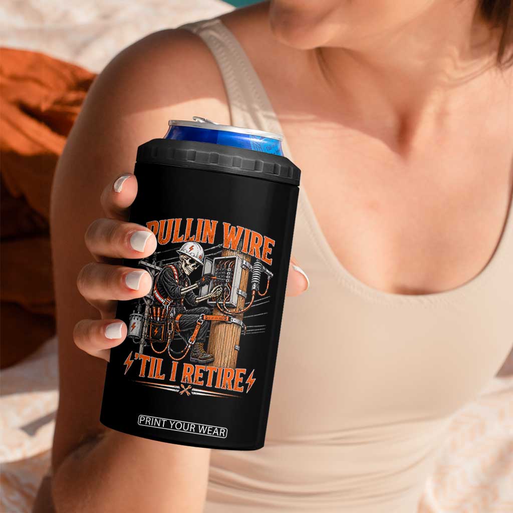 Electrician Lineman Skeleton Graphic 4 in 1 Can Cooler Tumbler Pullin Wire Til I Retire