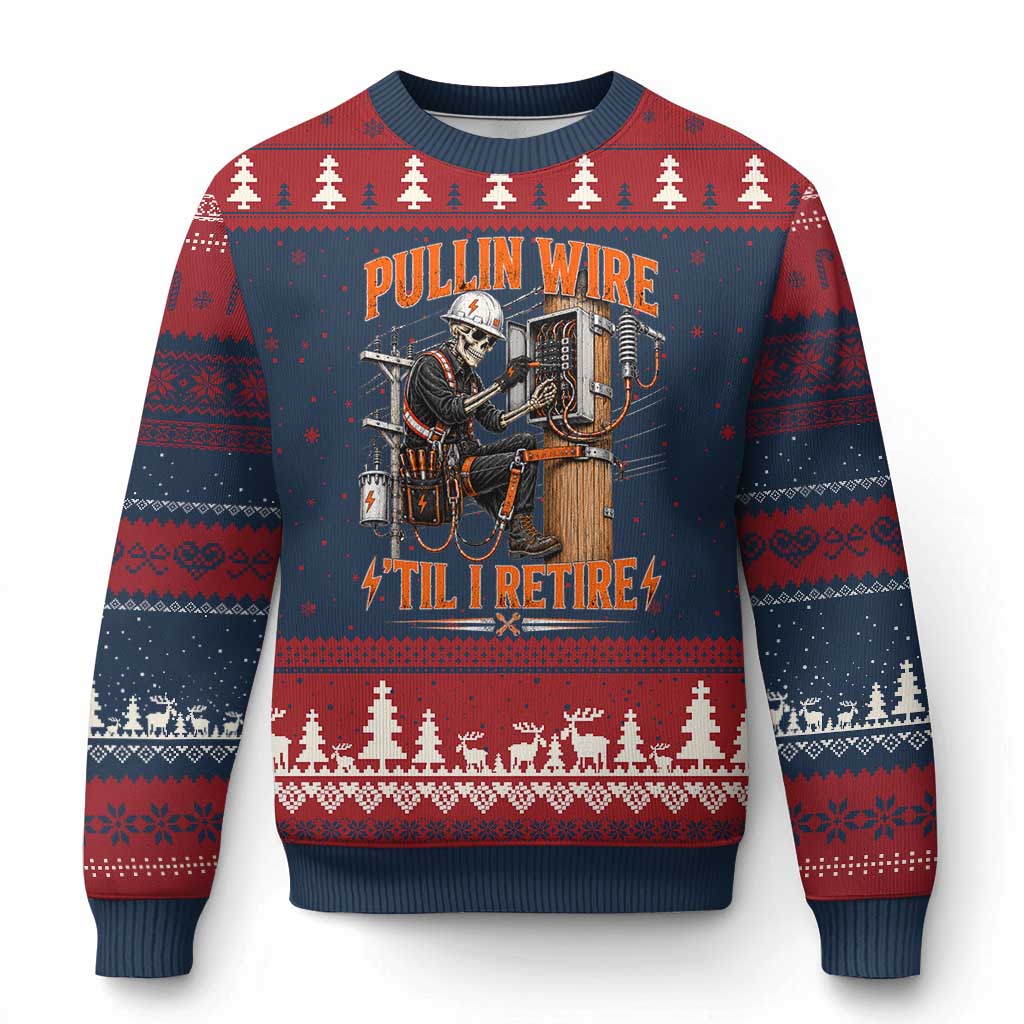 Electrician Lineman Skeleton Graphic Ugly Christmas Sweater Pullin Wire Til I Retire TS10 Navy Red Print Your Wear