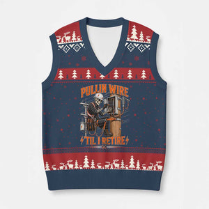 Electrician Lineman Skeleton Graphic V-Neck Knit Sweater Vest Pullin Wire Til I Retire