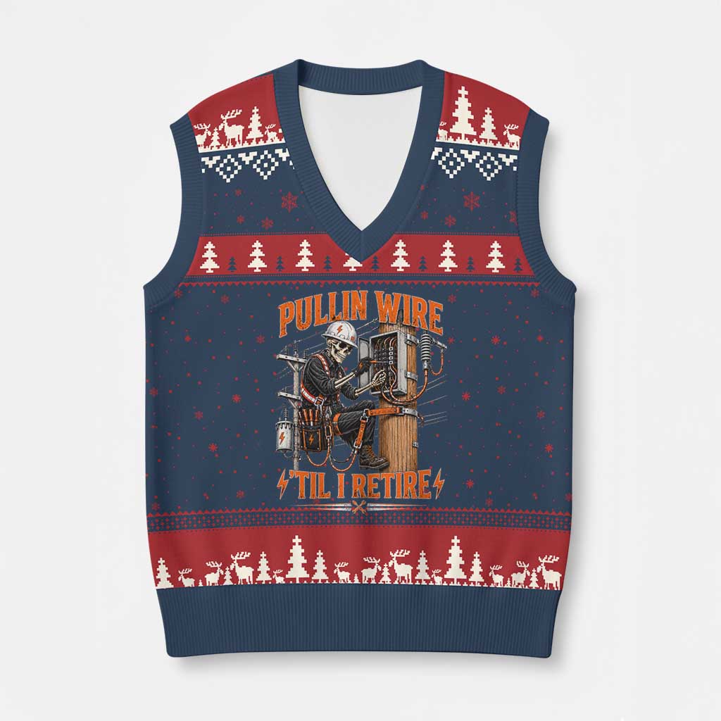 Electrician Lineman Skeleton Graphic V-Neck Knit Sweater Vest Pullin Wire Til I Retire TS10 Navy Red Print Your Wear