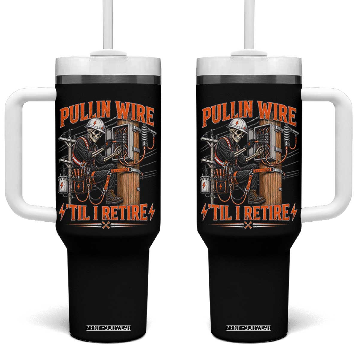 Electrician Lineman Skeleton Graphic Tumbler With Handle Pullin Wire Til I Retire TS10 One Size: 40 oz Black Print Your Wear