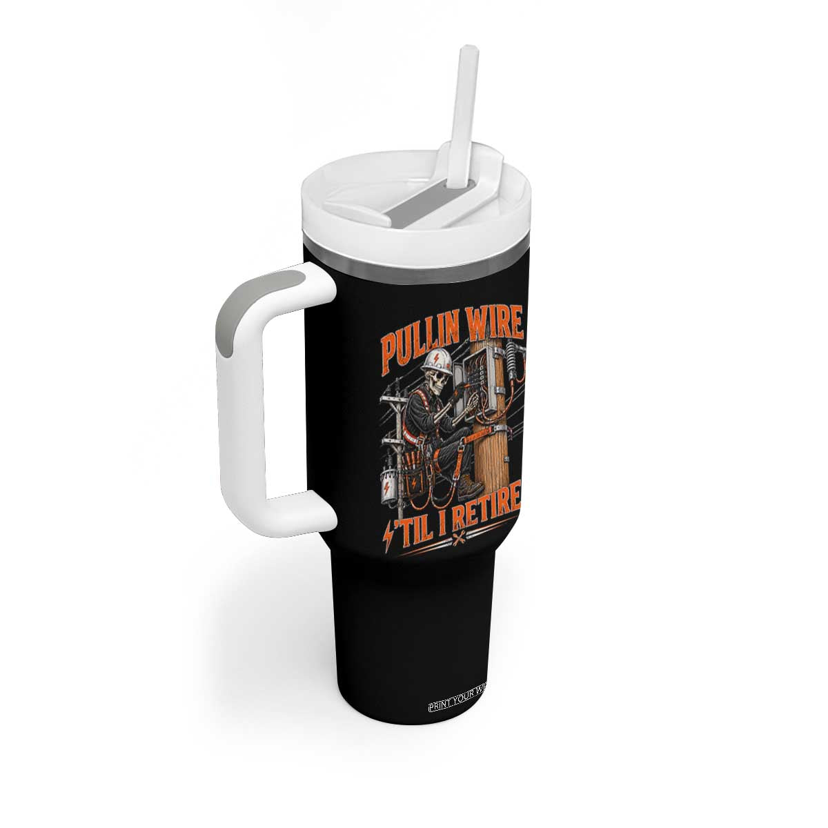 Electrician Lineman Skeleton Graphic Tumbler With Handle Pullin Wire Til I Retire
