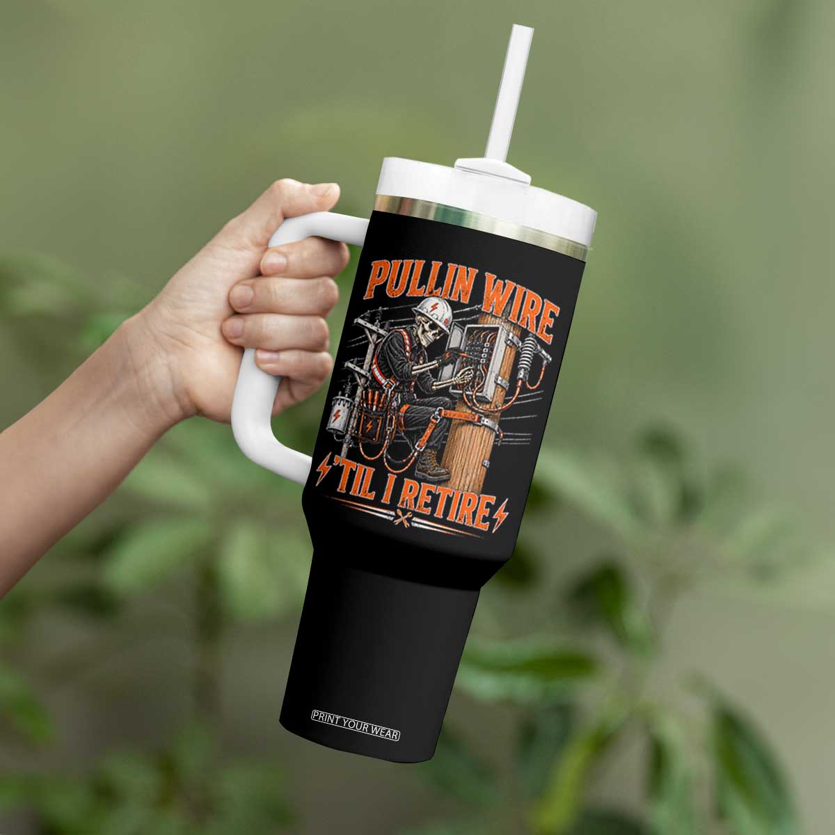 Electrician Lineman Skeleton Graphic Tumbler With Handle Pullin Wire Til I Retire