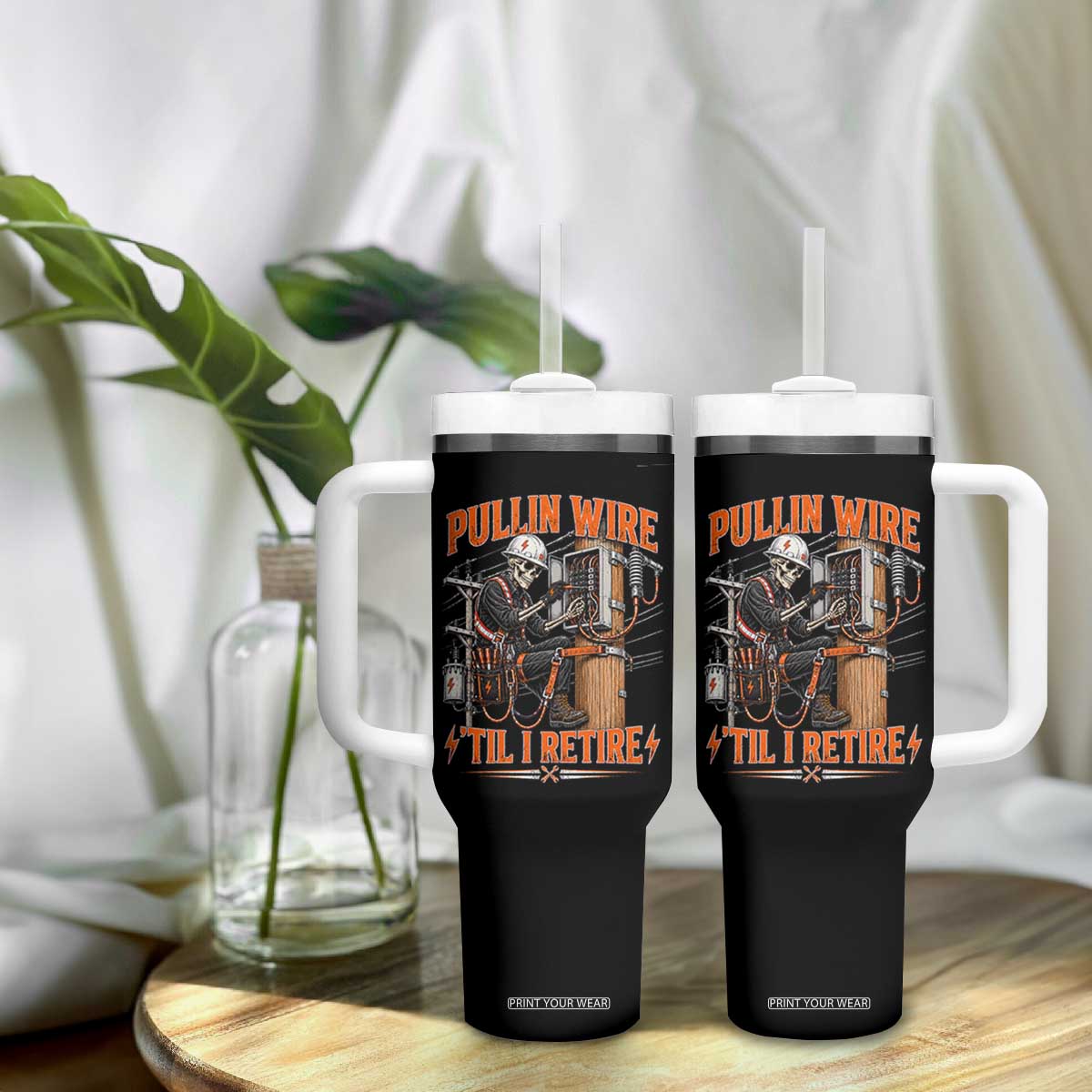 Electrician Lineman Skeleton Graphic Tumbler With Handle Pullin Wire Til I Retire