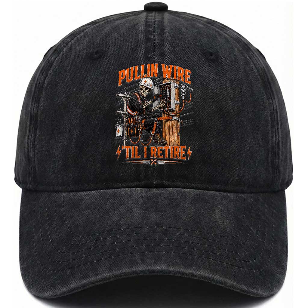 Electrician Lineman Skeleton Graphic Washed Cotton Baseball Cap Pullin Wire Til I Retire TS10 Print Your Wear