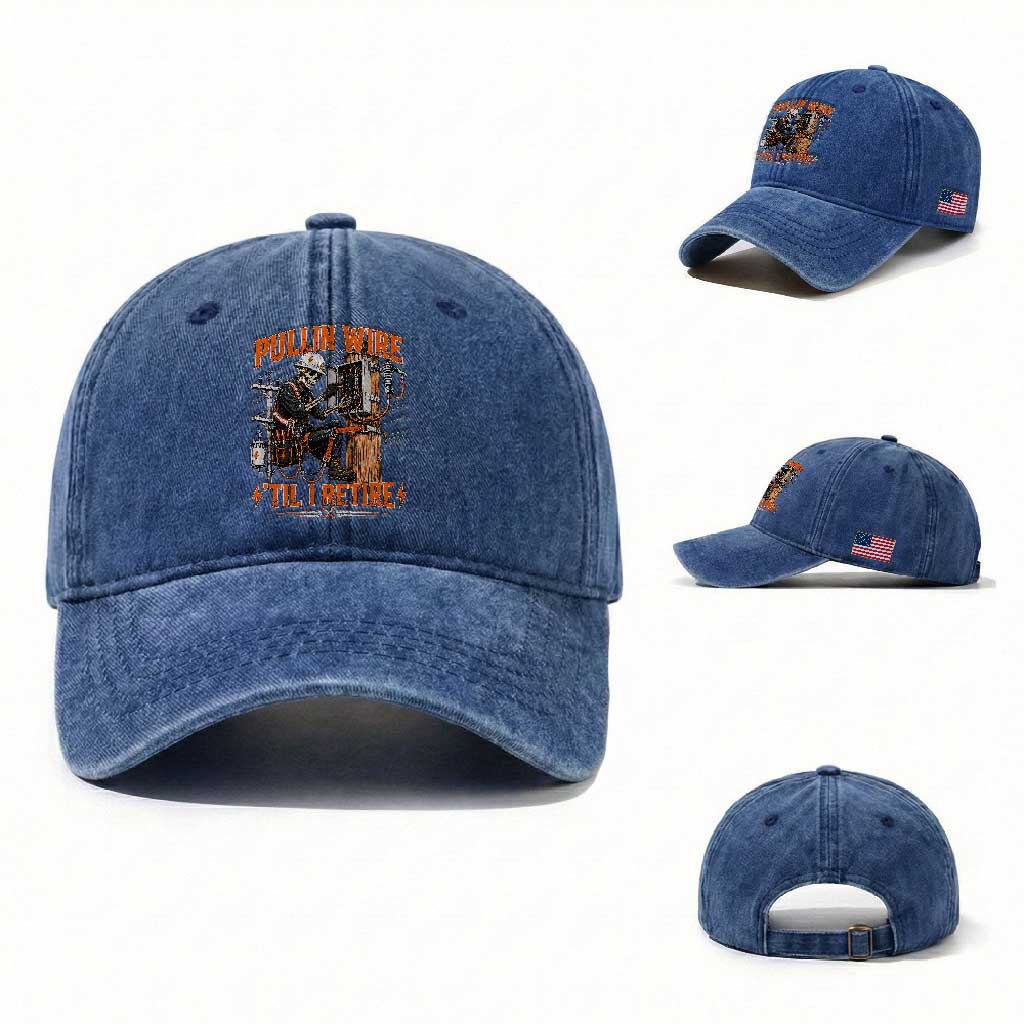 Electrician Lineman Skeleton Graphic Washed Cotton Baseball Cap Pullin Wire Til I Retire