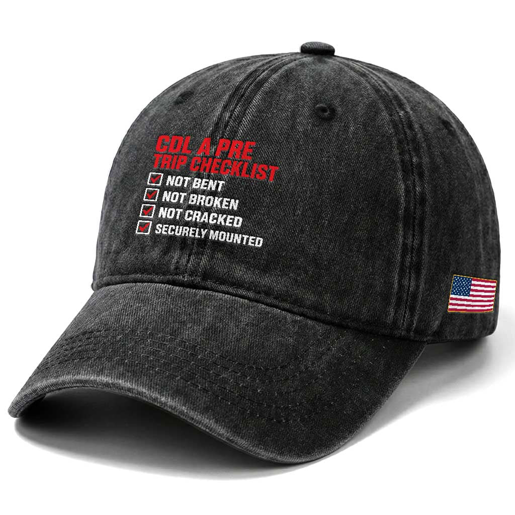CDL A Pre Trip Checklist Trucker Washed Cotton Baseball Cap Driver Safety Inspection Graphic