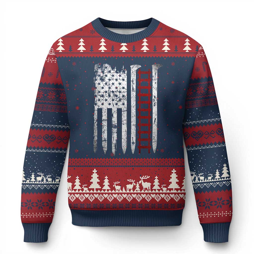 American Flag Railroad Ugly Christmas Sweater Railway Workers Track Spike Graphic TS10 Navy Red Print Your Wear