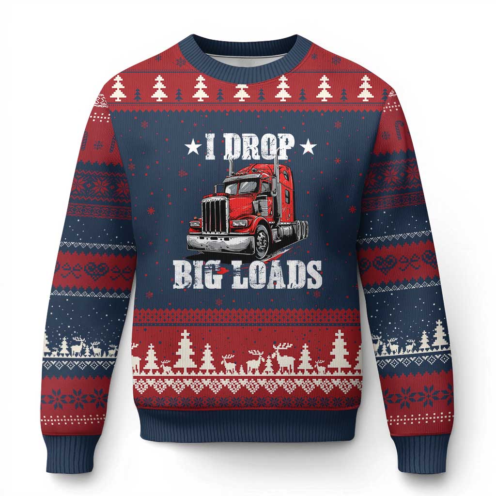 Funny Trucker Semi Truck Driver Meme Ugly Christmas Sweater I Drop Big Loads TS10 Navy Red Print Your Wear