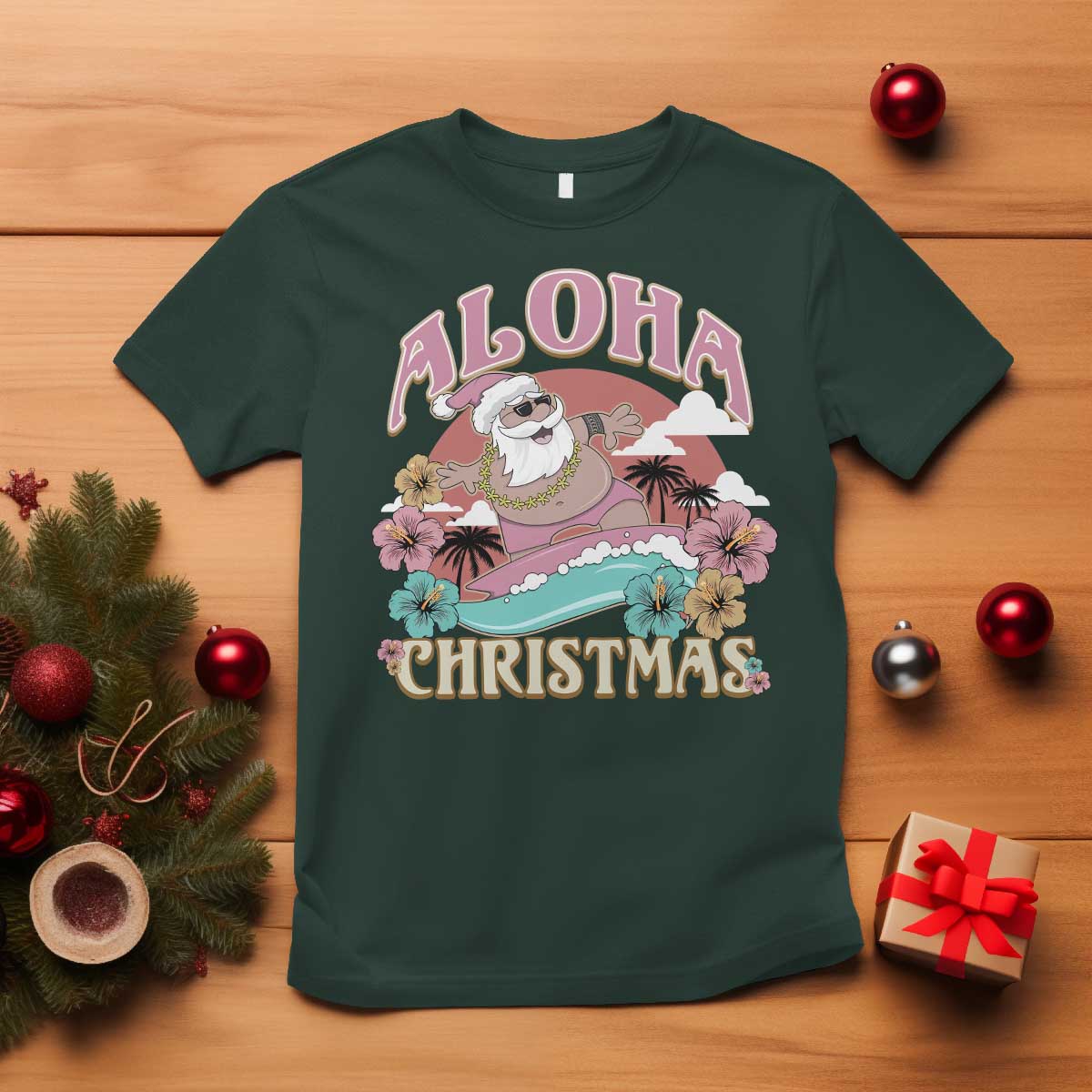 Hawaii Christmas T Shirt Surfing Santa With Tattoos Aloha Christmas TS10 Dark Forest Green Print Your Wear