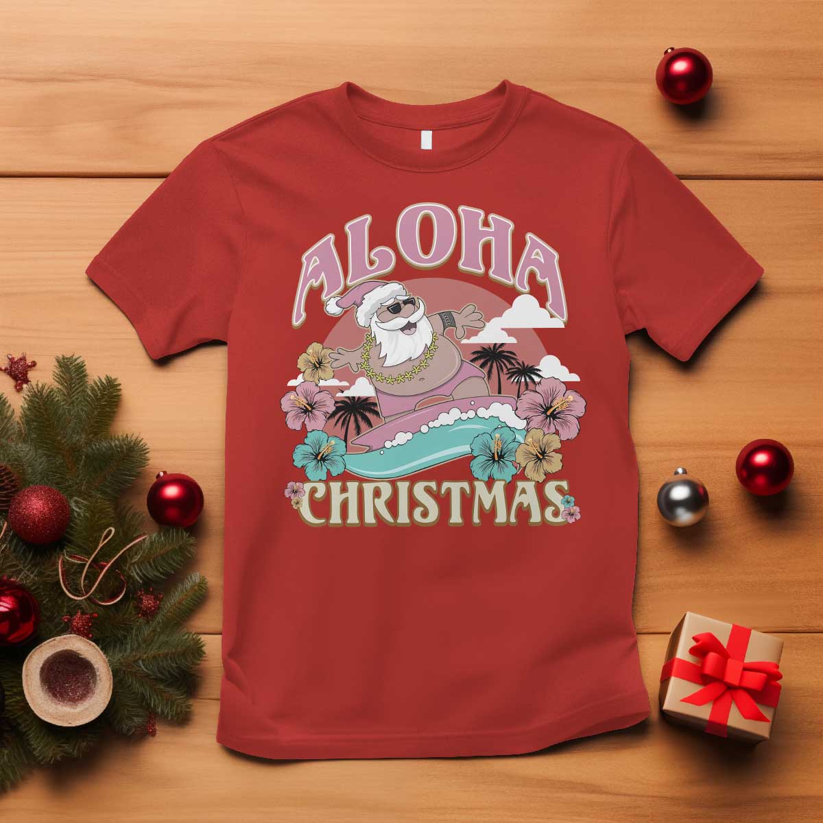 Hawaii Christmas T Shirt Surfing Santa With Tattoos Aloha Christmas TS10 Red Print Your Wear