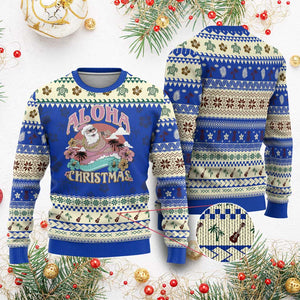 Hawaii Ugly Christmas Sweater Surfing Santa With Tattoos Aloha Christmas TS10 Blue Print Your Wear