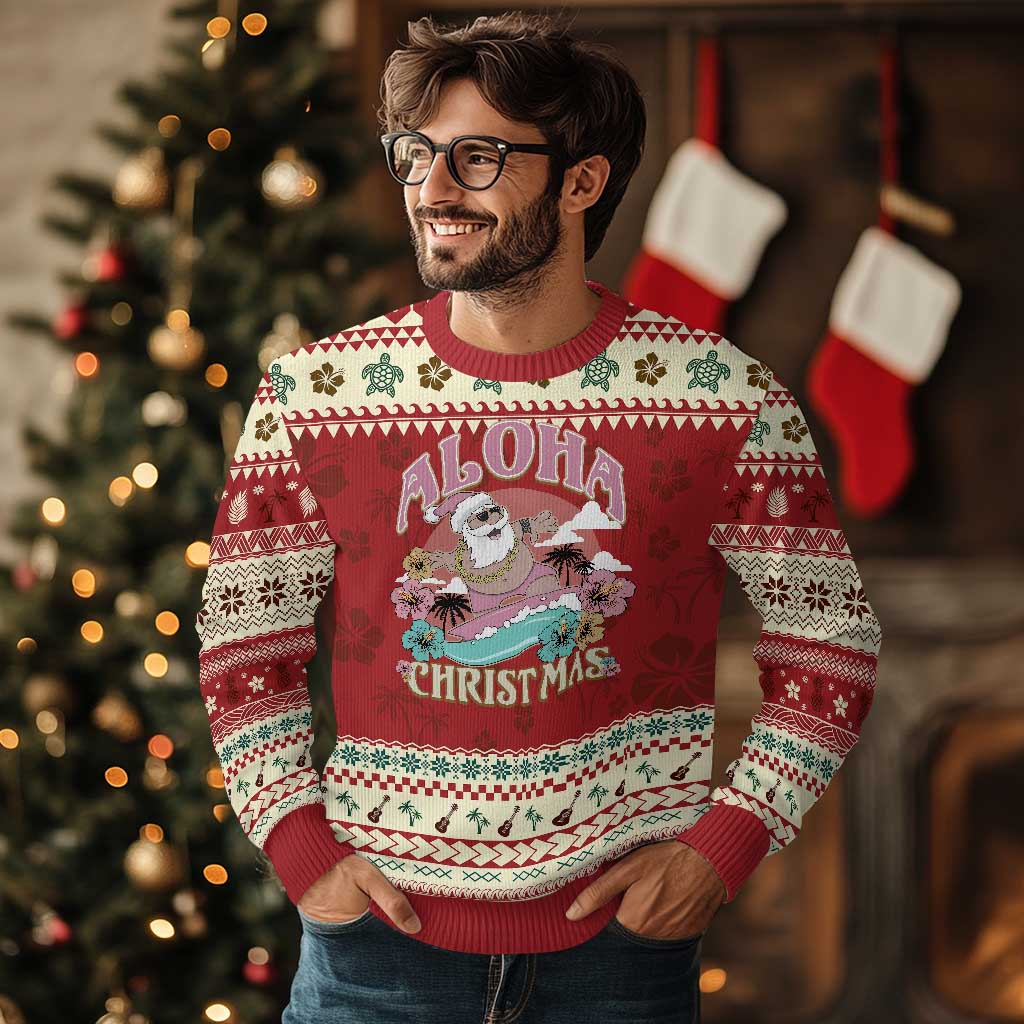 Hawaii Ugly Christmas Sweater Surfing Santa With Tattoos Aloha Christmas TS10 Hibiscus Print Your Wear