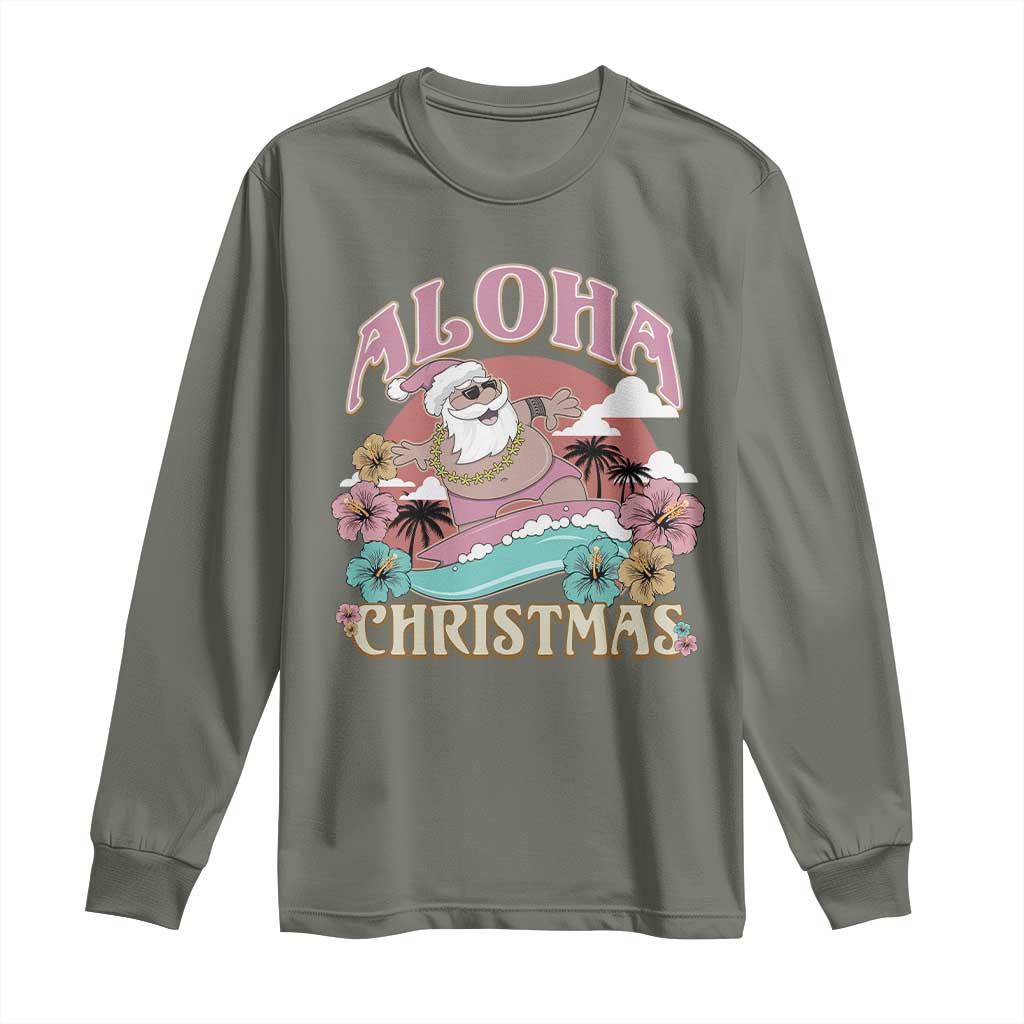 Hawaii Christmas Long Sleeve Shirt Surfing Santa With Tattoos Aloha Christmas TS10 Military Green Print Your Wear