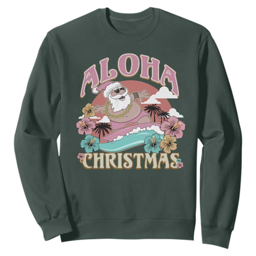 Hawaii Christmas Sweatshirt Surfing Santa With Tattoos Aloha Christmas TS10 Dark Forest Green Print Your Wear