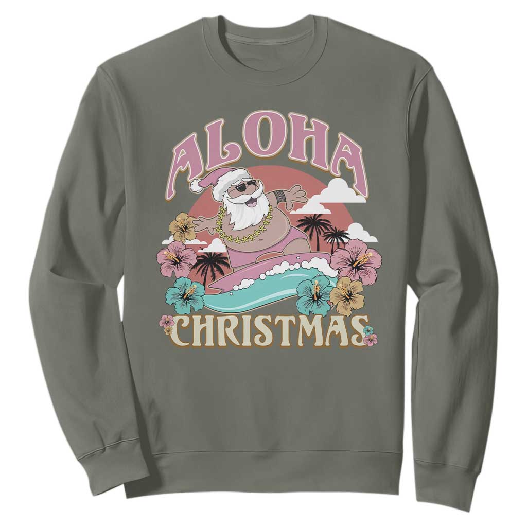 Hawaii Christmas Sweatshirt Surfing Santa With Tattoos Aloha Christmas TS10 Military Green Print Your Wear