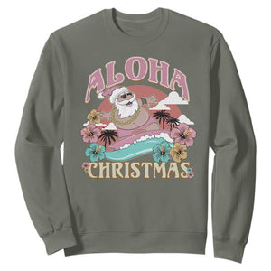 Hawaii Christmas Sweatshirt Surfing Santa With Tattoos Aloha Christmas TS10 Military Green Print Your Wear