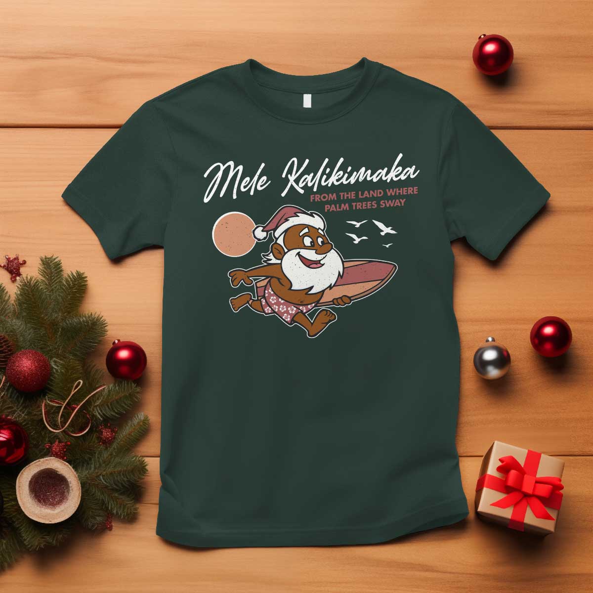 Hawaii Christmas T Shirt Beach Holiday Xmas Palm Tree Slay Santa TS10 Dark Forest Green Print Your Wear
