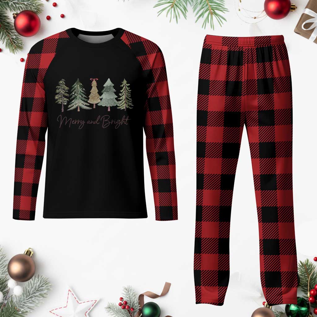 Merry and Bright Trees Plaid Pajama Set Womans Holiday Coquette Tree Bow TS10 Buffalo Plaid Print Your Wear