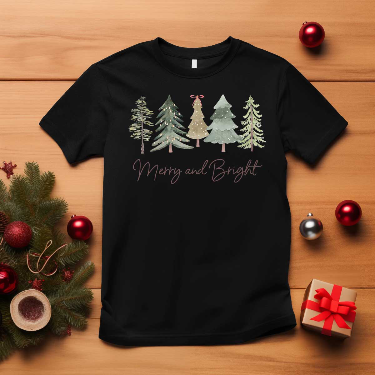 Merry and Bright Trees T Shirt Womans Holiday Coquette Tree Bow TS10 Black Print Your Wear