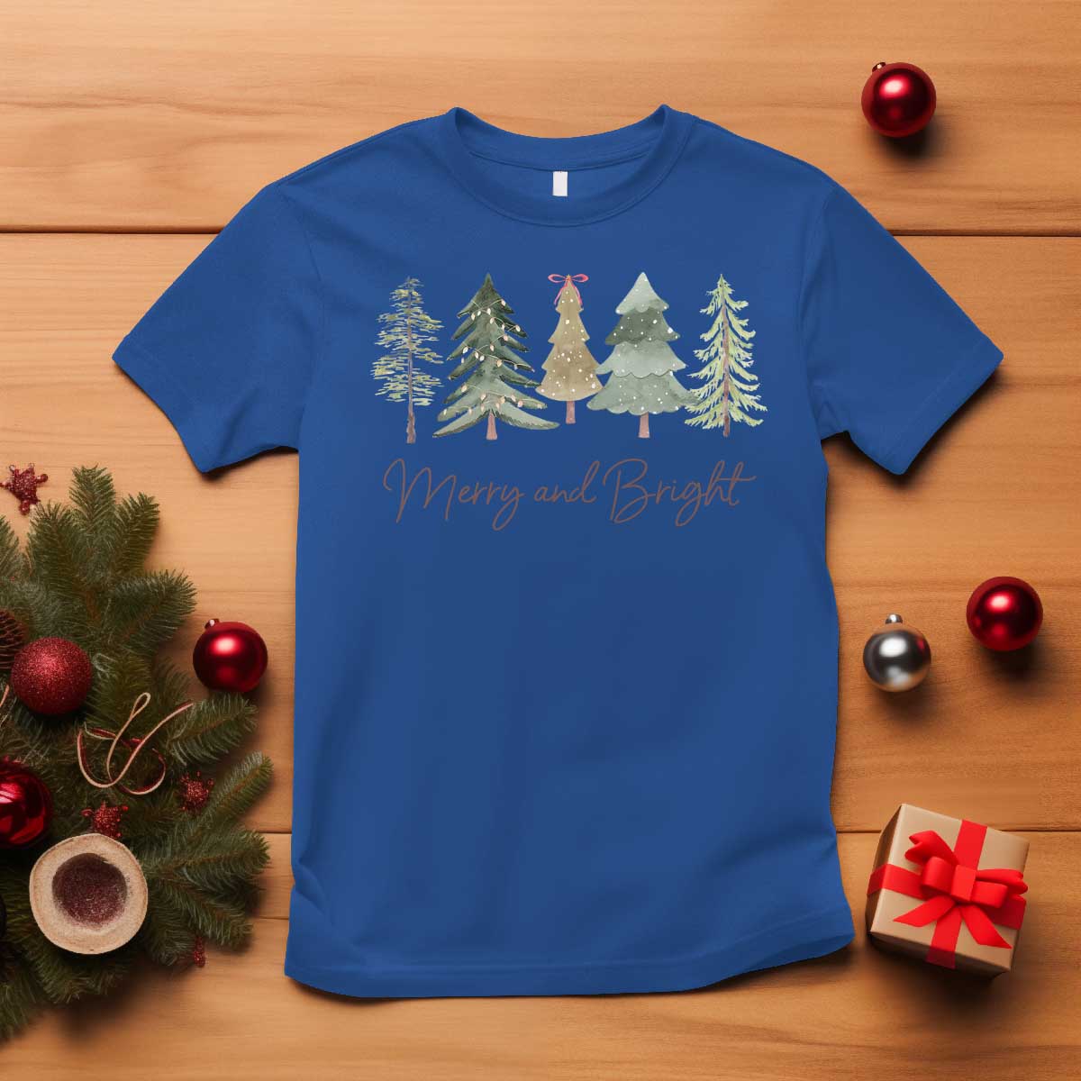 Merry and Bright Trees T Shirt Womans Holiday Coquette Tree Bow TS10 Royal Blue Print Your Wear