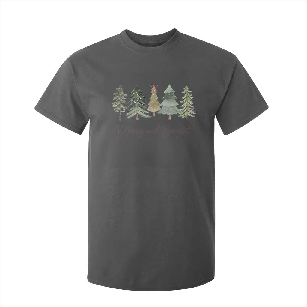 Merry and Bright Trees T Shirt For Kid Womans Holiday Coquette Tree Bow TS10 Dark Heather Print Your Wear