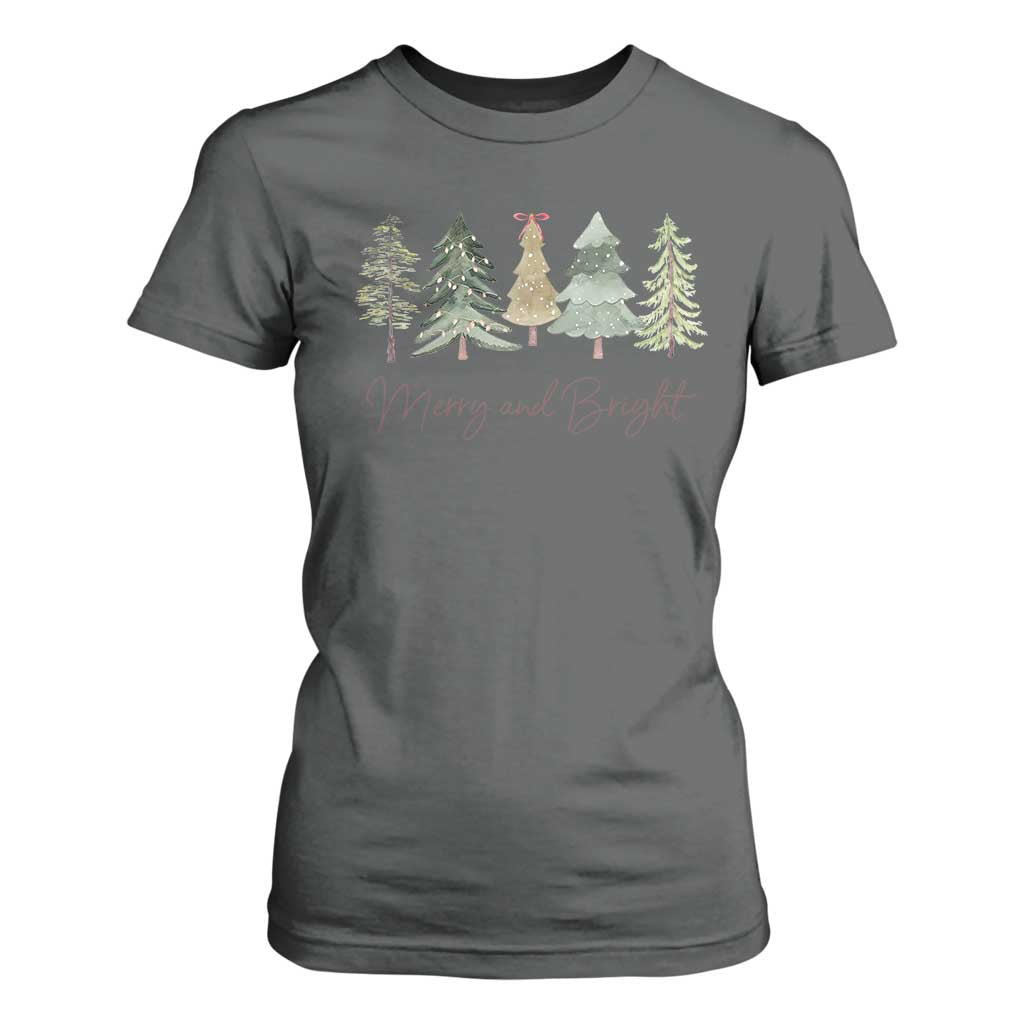 Merry and Bright Trees T Shirt For Women Womans Holiday Coquette Tree Bow TS10 Dark Heather Print Your Wear