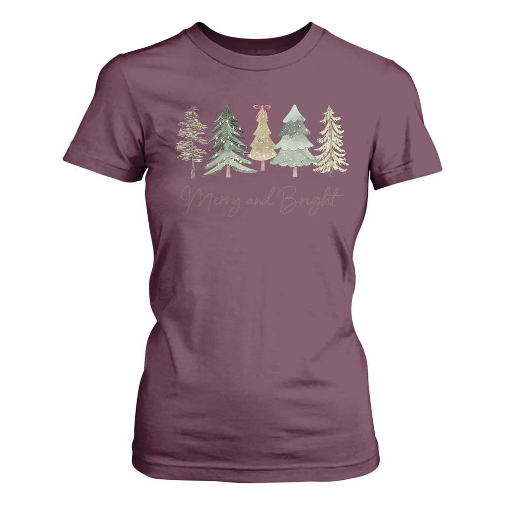 Merry and Bright Trees T Shirt For Women Womans Holiday Coquette Tree Bow TS10 Maroon Print Your Wear