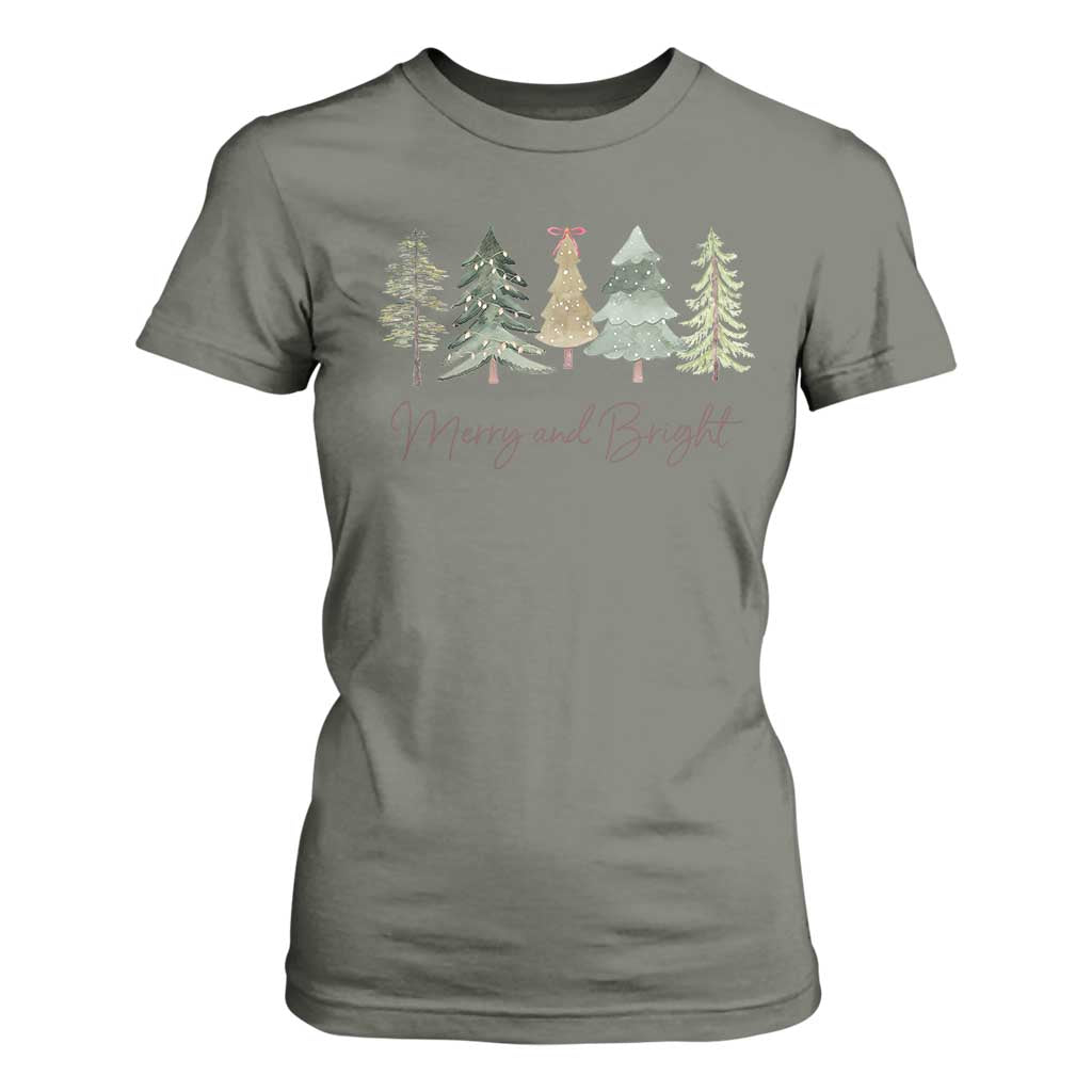 Merry and Bright Trees T Shirt For Women Womans Holiday Coquette Tree Bow TS10 Military Green Print Your Wear