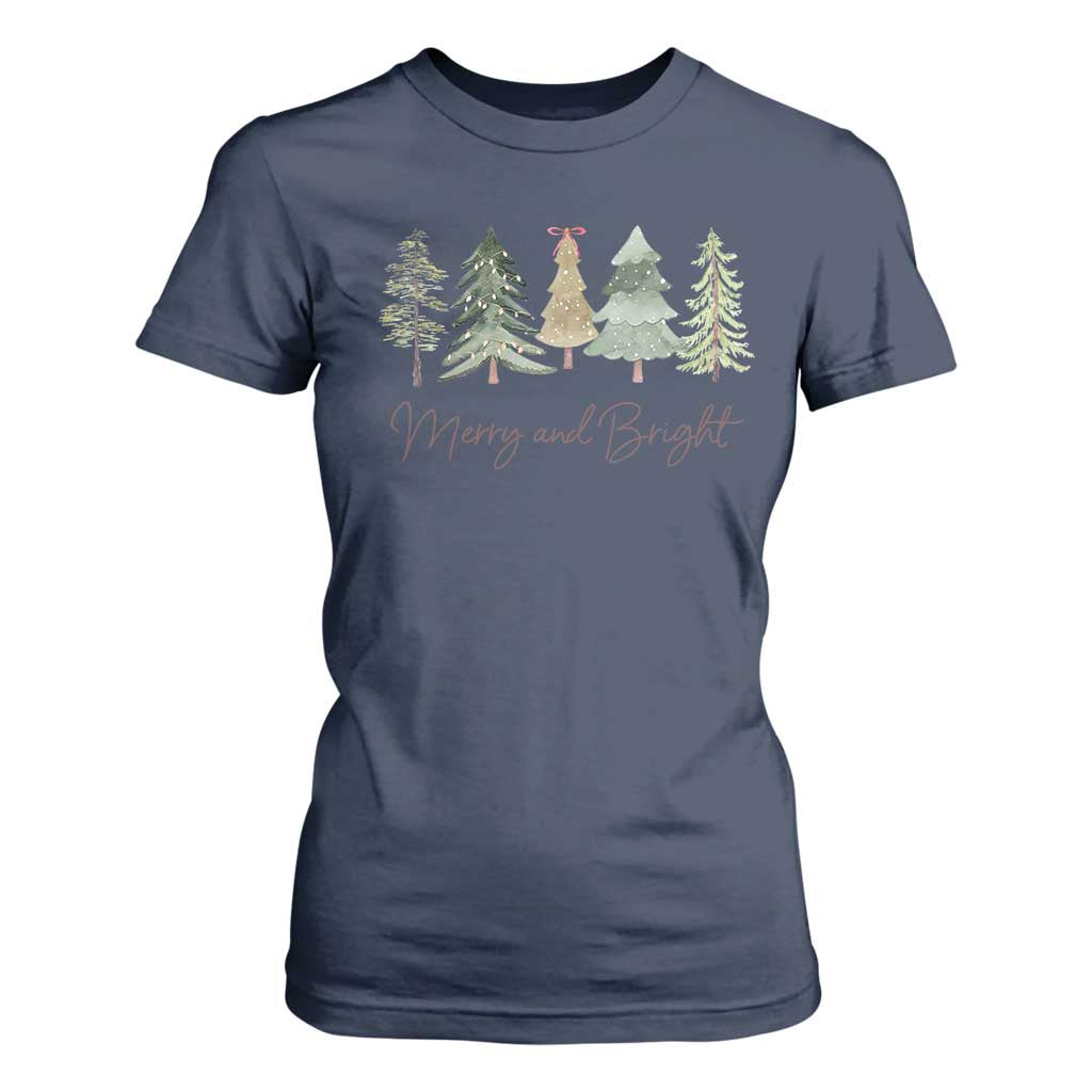 Merry and Bright Trees T Shirt For Women Womans Holiday Coquette Tree Bow TS10 Navy Print Your Wear