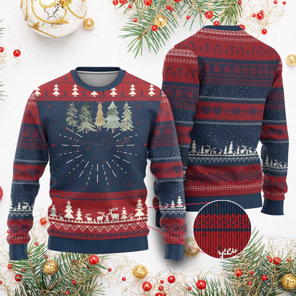 Merry and Bright Trees Knit Sweatshirt Womans Holiday Coquette Tree Bow - Print Your Wear