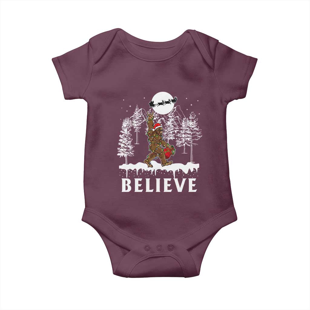 Bigfoot Christmas Tree Lights Baby Onesie Believe Rock On Sasquatch Santa Hat TS10 Maroon Print Your Wear