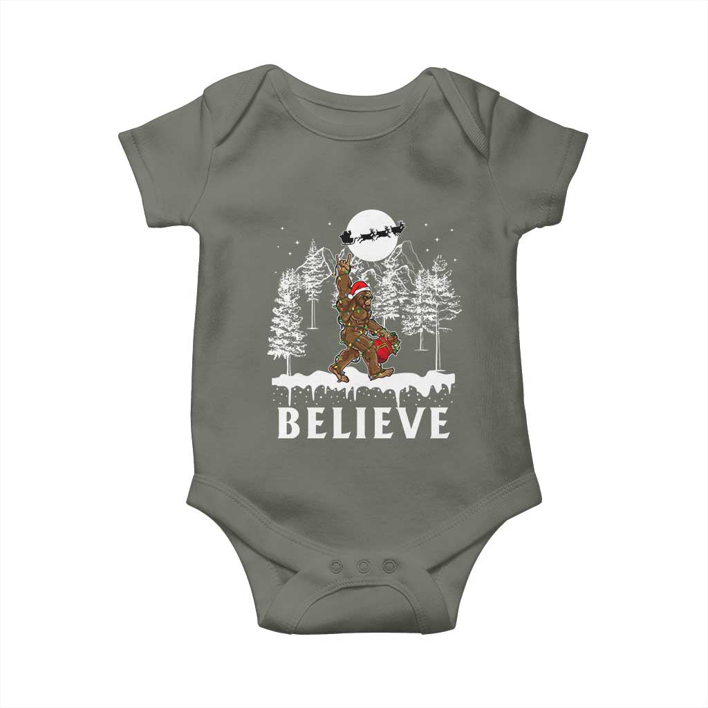 Bigfoot Christmas Tree Lights Baby Onesie Believe Rock On Sasquatch Santa Hat TS10 Military Green Print Your Wear