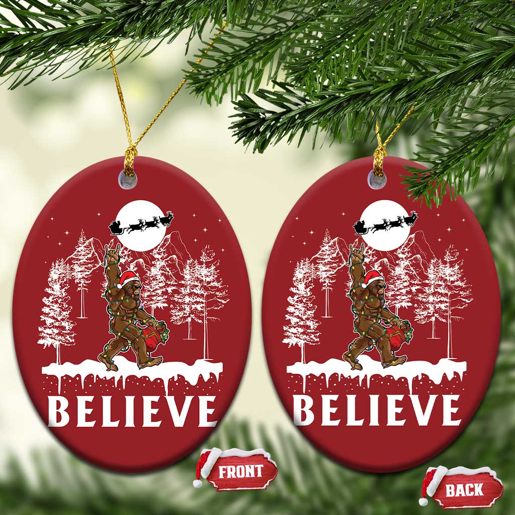 Bigfoot Christmas Tree Lights Christmas Ornament Believe Rock On Sasquatch Santa Hat TS10 Oval Red Print Your Wear
