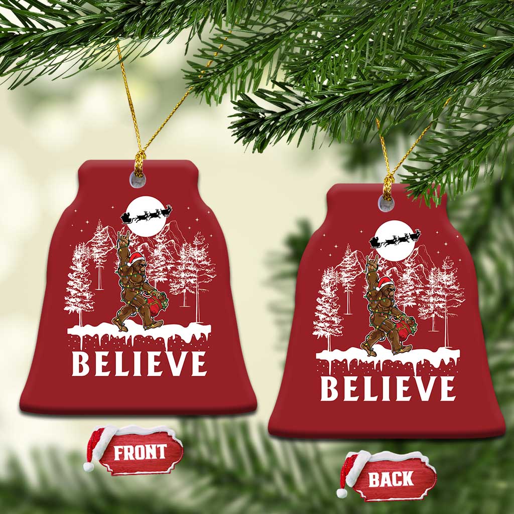 Bigfoot Christmas Tree Lights Christmas Ornament Believe Rock On Sasquatch Santa Hat TS10 Bell Flake Red Print Your Wear