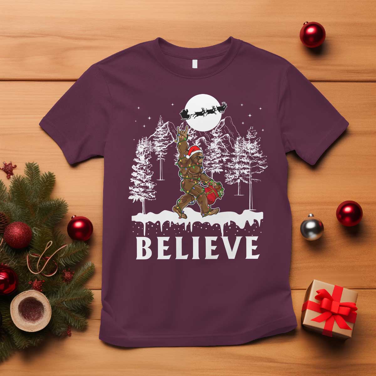 Bigfoot Christmas Tree Lights T Shirt Believe Rock On Sasquatch Santa Hat TS10 Maroon Print Your Wear