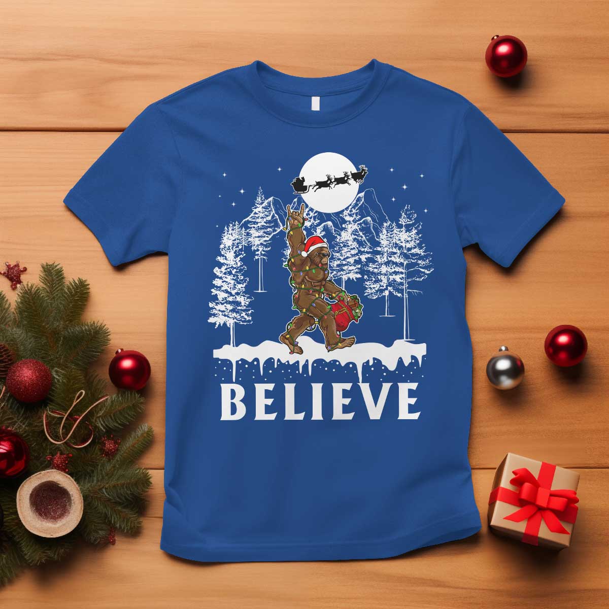 Bigfoot Christmas Tree Lights T Shirt Believe Rock On Sasquatch Santa Hat TS10 Royal Blue Print Your Wear