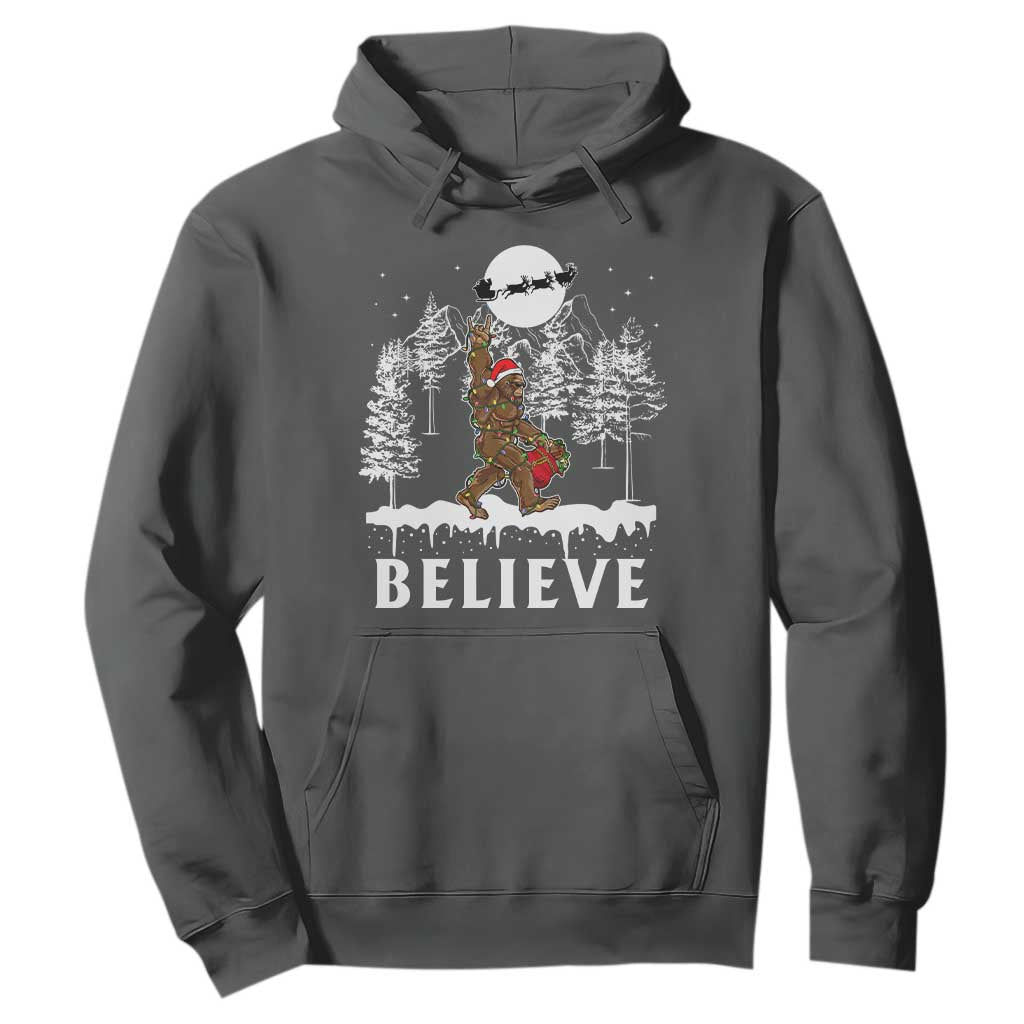 Bigfoot Christmas Tree Lights Hoodie Believe Rock On Sasquatch Santa Hat TS10 Dark Heather Print Your Wear