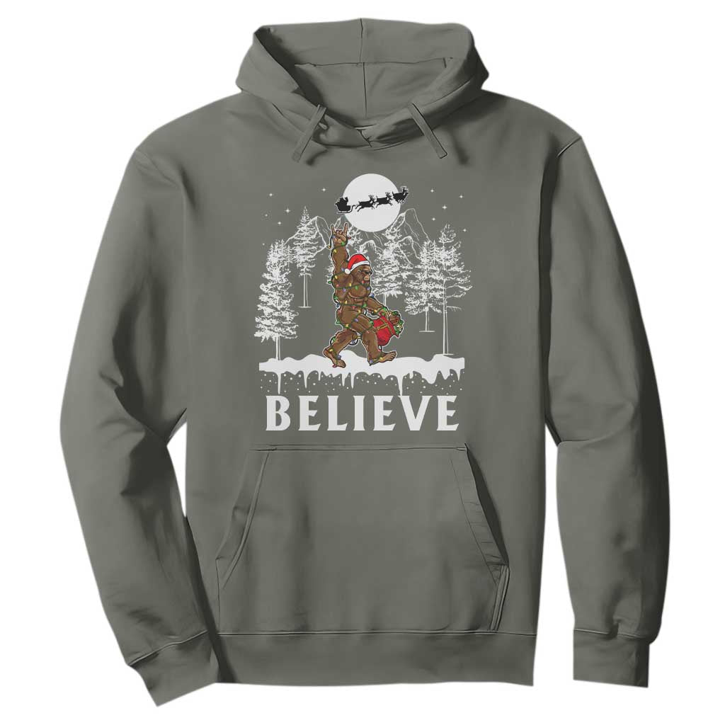 Bigfoot Christmas Tree Lights Hoodie Believe Rock On Sasquatch Santa Hat TS10 Military Green Print Your Wear