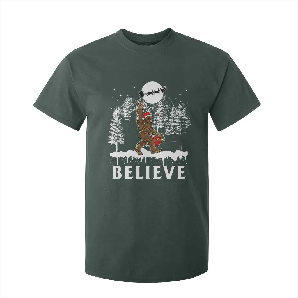 Bigfoot Christmas Tree Lights T Shirt For Kid Believe Rock On Sasquatch Santa Hat TS10 Dark Forest Green Print Your Wear