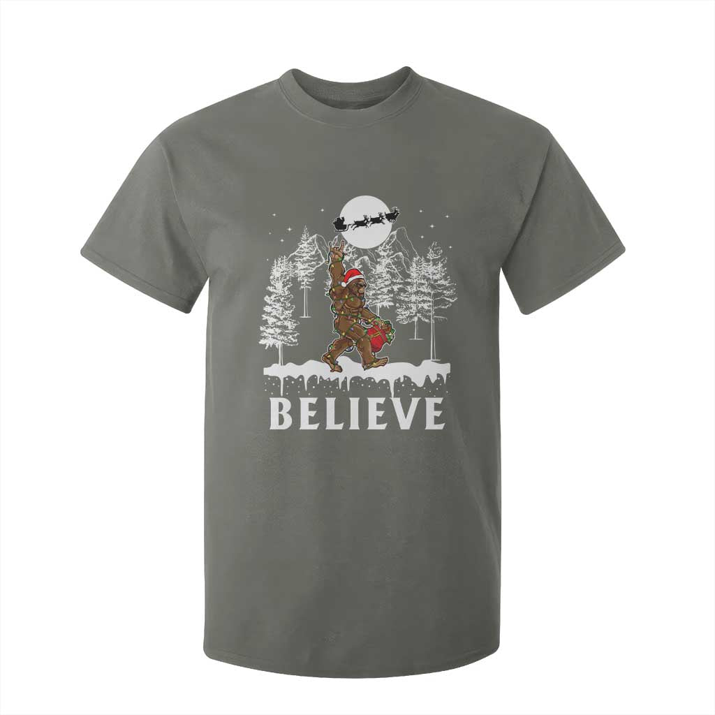 Bigfoot Christmas Tree Lights T Shirt For Kid Believe Rock On Sasquatch Santa Hat TS10 Military Green Print Your Wear