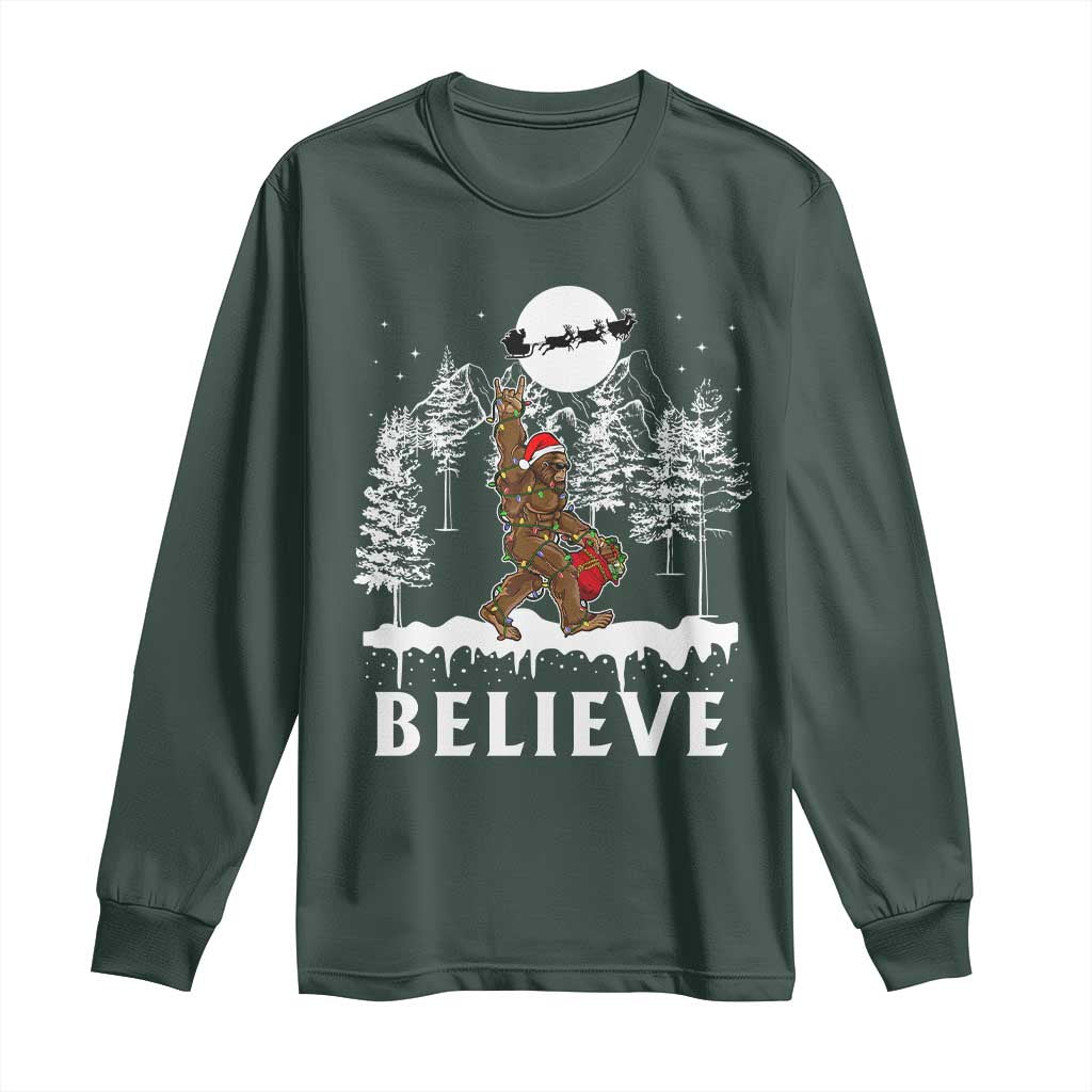 Bigfoot Christmas Tree Lights Long Sleeve Shirt Believe Rock On Sasquatch Santa Hat TS10 Dark Forest Green Print Your Wear