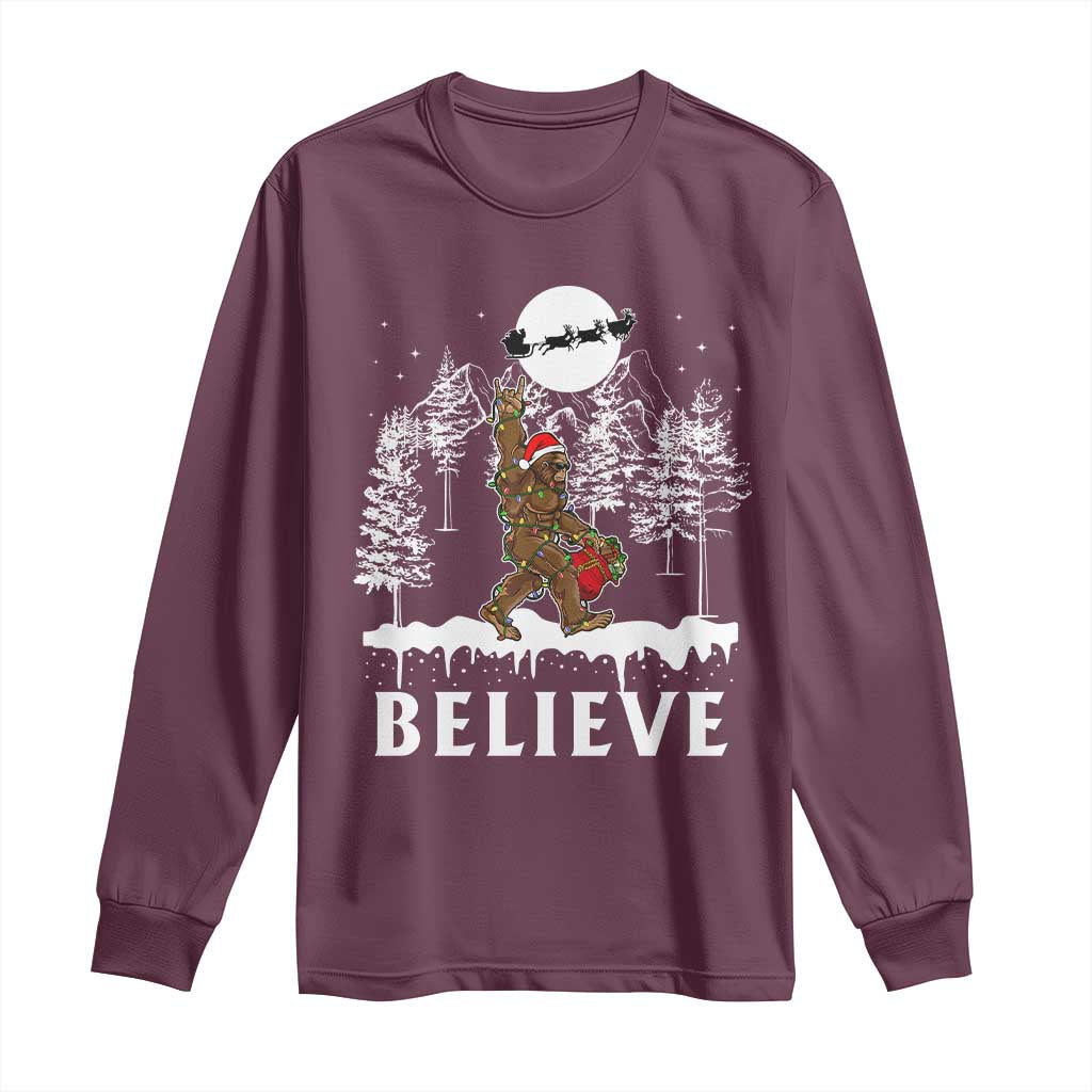 Bigfoot Christmas Tree Lights Long Sleeve Shirt Believe Rock On Sasquatch Santa Hat TS10 Maroon Print Your Wear