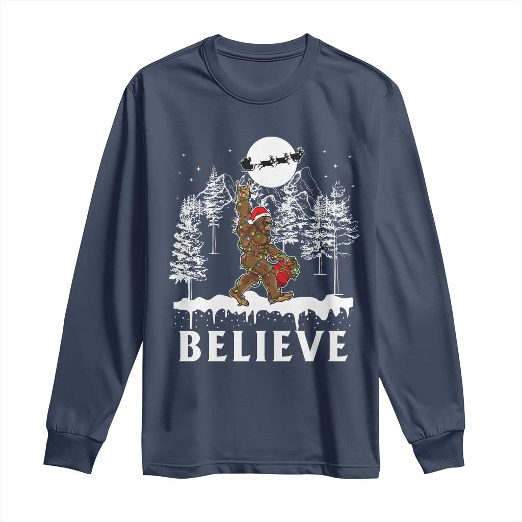 Bigfoot Christmas Tree Lights Long Sleeve Shirt Believe Rock On Sasquatch Santa Hat TS10 Navy Print Your Wear