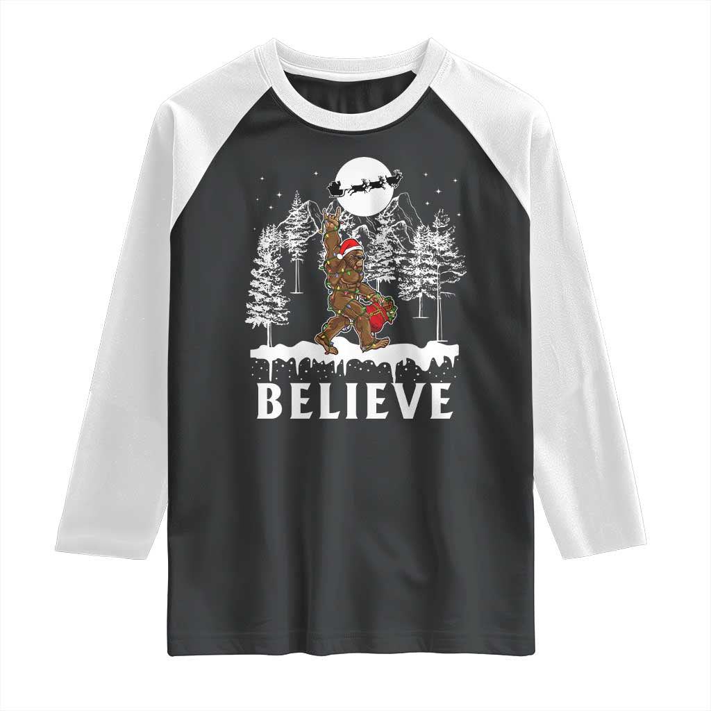 Bigfoot Christmas Tree Lights Raglan Shirt Believe Rock On Sasquatch Santa Hat TS10 Black White Print Your Wear