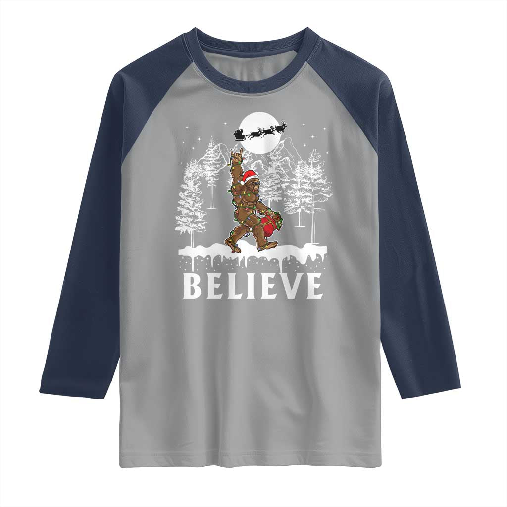 Bigfoot Christmas Tree Lights Raglan Shirt Believe Rock On Sasquatch Santa Hat TS10 Sport Gray Navy Print Your Wear
