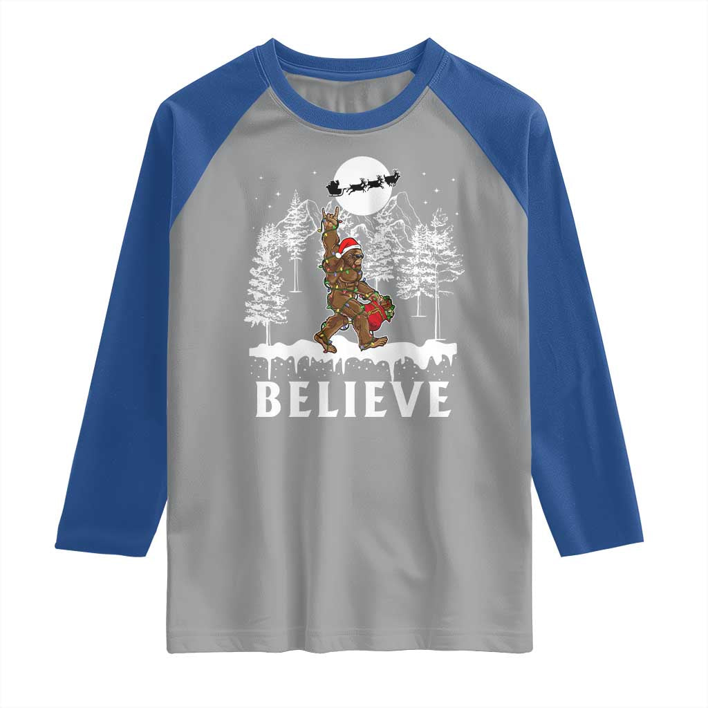 Bigfoot Christmas Tree Lights Raglan Shirt Believe Rock On Sasquatch Santa Hat TS10 Sport Gray Royal Print Your Wear