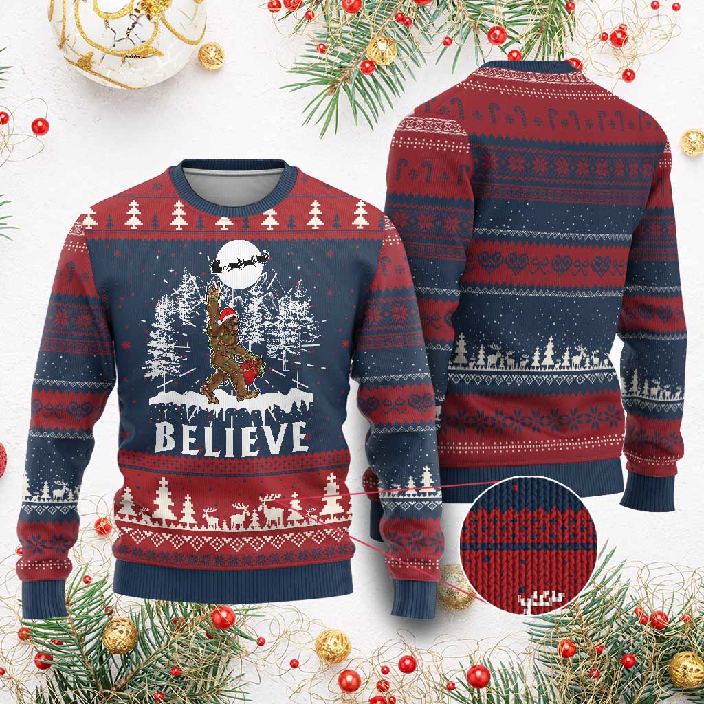 Bigfoot Christmas Tree Lights Ugly Christmas Sweater Believe Rock On Sasquatch Santa Hat TS10 Burgundy Print Your Wear